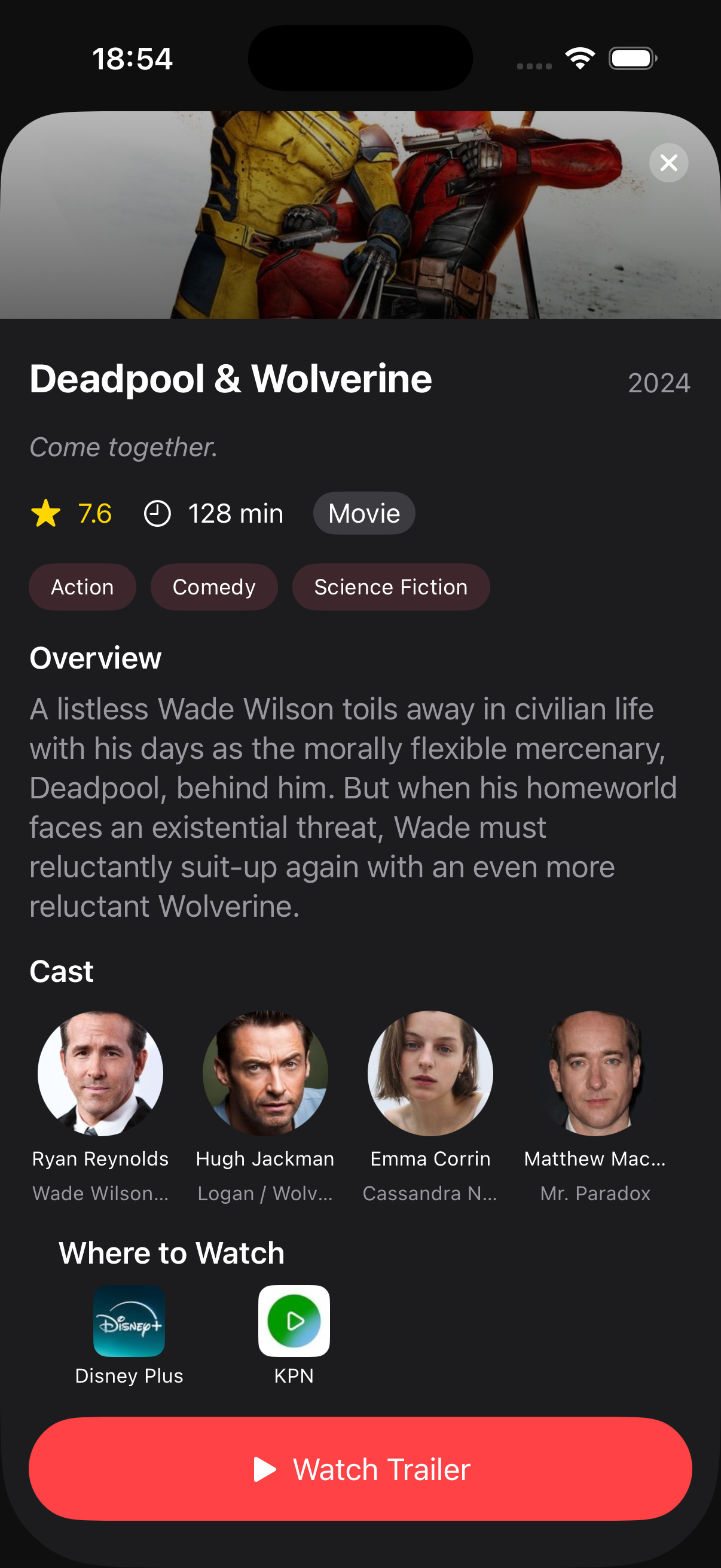 DuoFlix movie details showing Deadpool & Wolverine with cast and streaming info